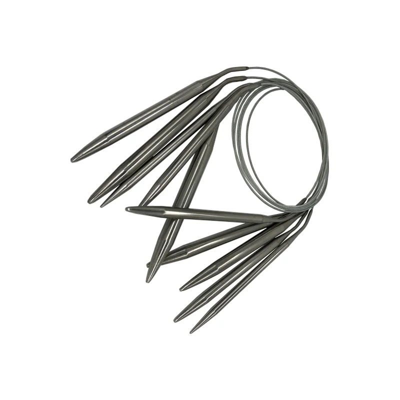 Circular knitting needles made of stainless steel in a set, presented together with a diameter correspondence table