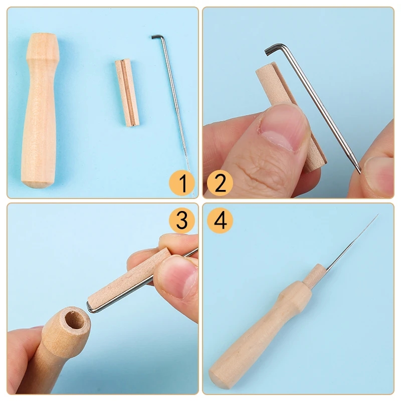 Felting needles lying against the backdrop of a finished felted item, demonstrating their effectiveness