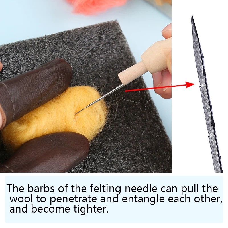 Felting needle set on a table, surrounded by crafting materials