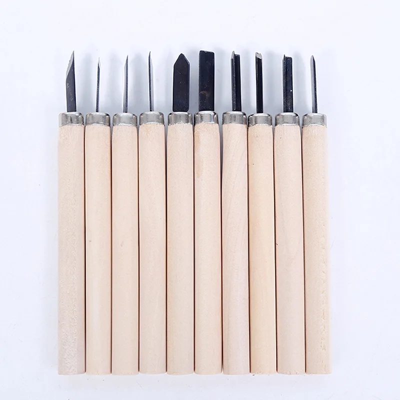 Set of 12 wooden carving tools of various shapes for different types of carving