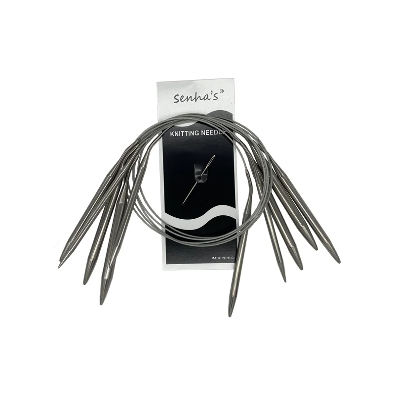 Close-up of circular knitting needles made of stainless steel, demonstrating a smooth surface