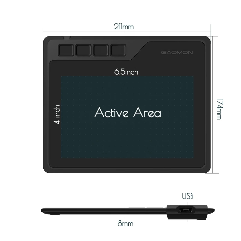 Imagem de todos os acessórios incluídos no kit do tablet gráfico: caneta, pontas sobressalentes, cabo, adaptador