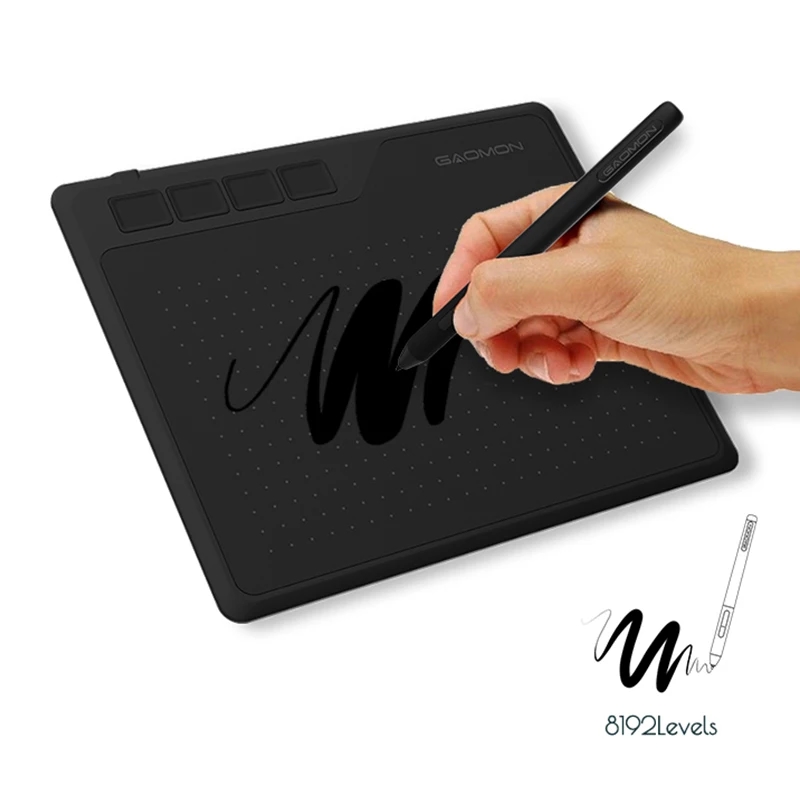 Fotografia do tablet gráfico GAOMON S620 com a caneta na superfície de trabalho