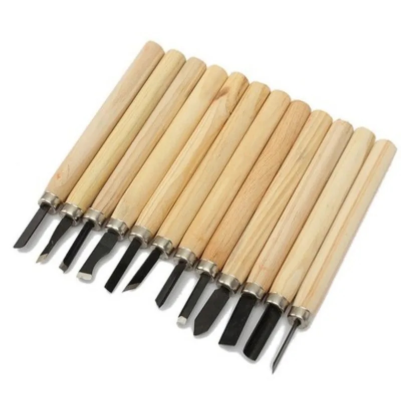 Close-up of wooden carving tools with metal blades
