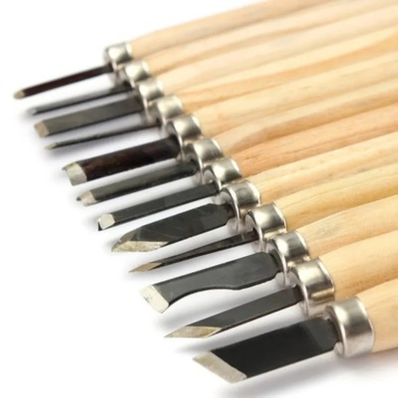 Set of 12 diverse wooden carving tools for wood carving