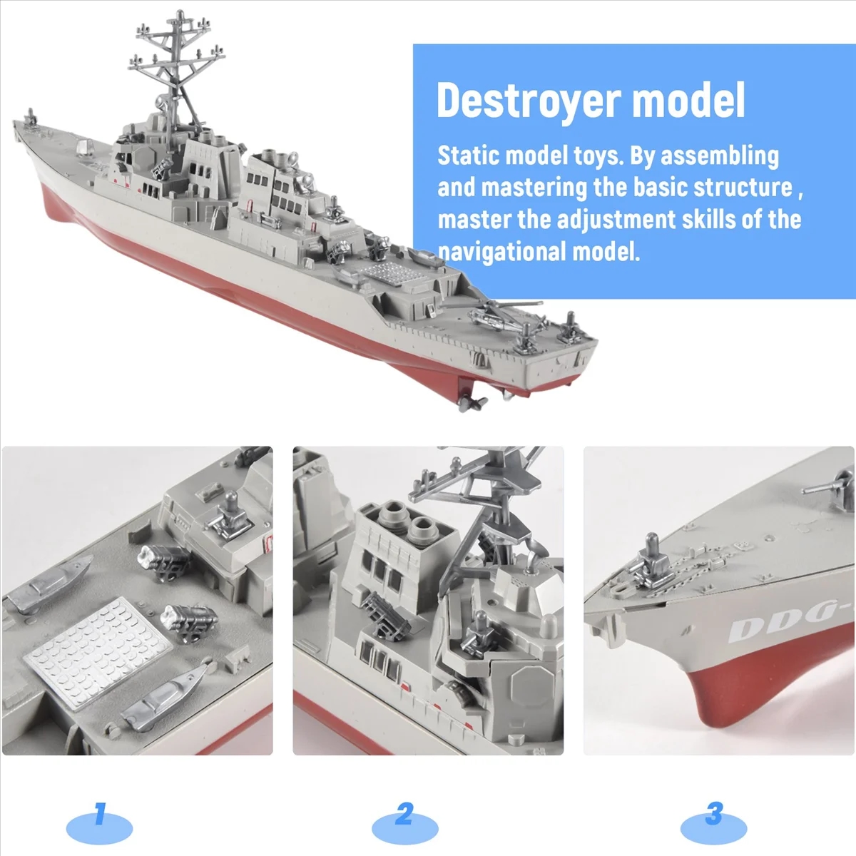 Modelo de navio lança-mísseis em um suporte para posicionamento estável