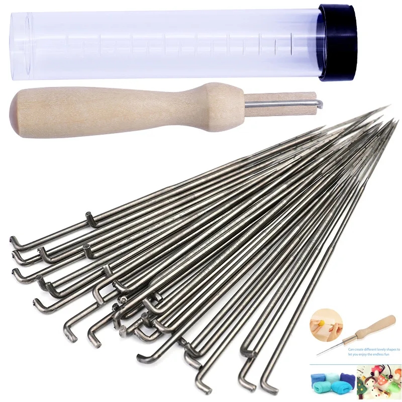 Displayed felting needles with a wooden handle and protective tube for safe storage