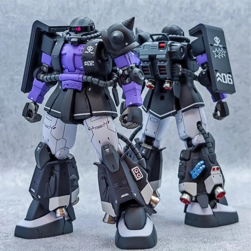 Detailed view of the assembled model ZAKU Black Tri-Stars HG 1/144 with a precision rifle