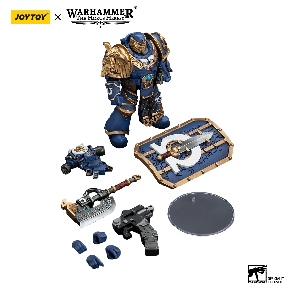 Sammlungsfigur des Ultramarines Invictarus Suzerain in Schutzpose mit erhobenem Schild, mit detaillierter Ausarbeitung der Details