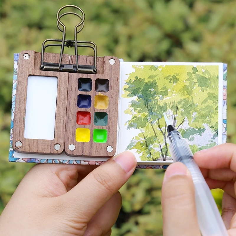 Open wooden Schmincke watercolor set with visible 8 paint colors
