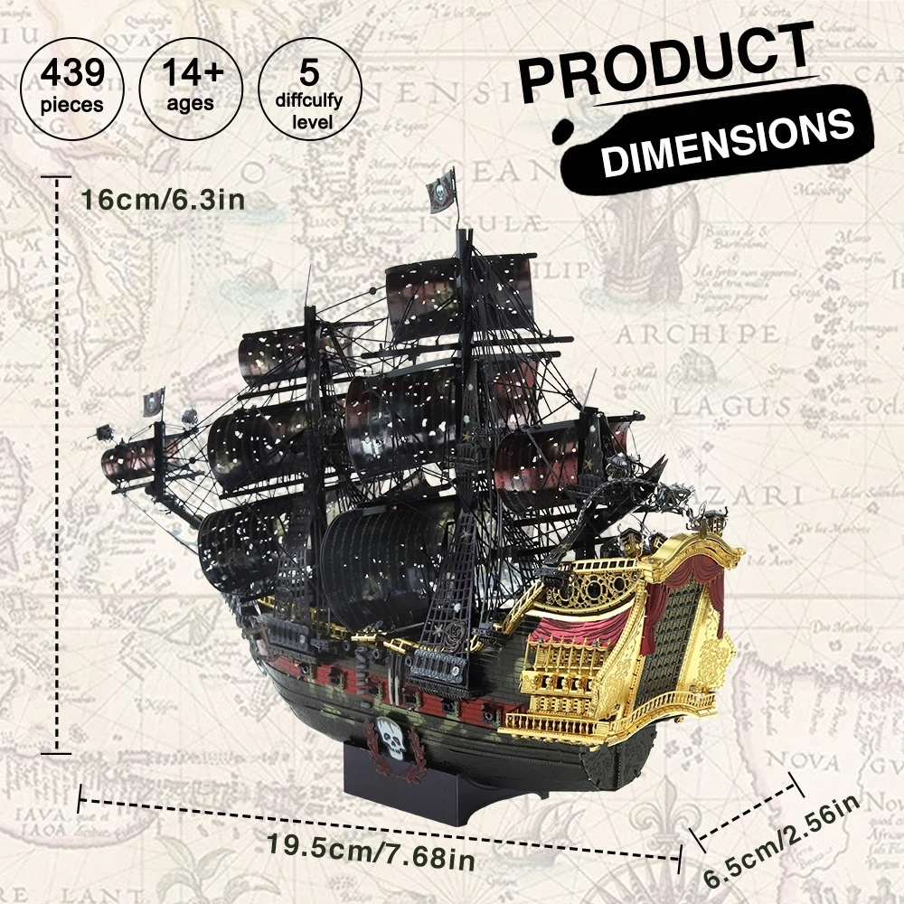 Modelo metálico 3D do navio pirata Piececool, vista lateral
