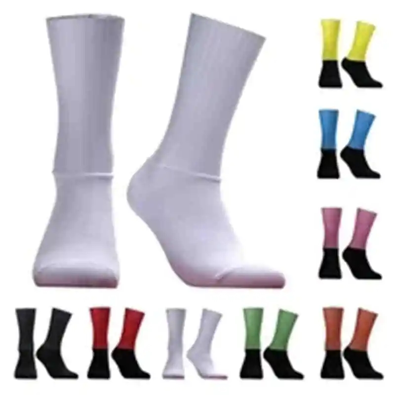 Close-up of bicycle socks highlighting the silicone insert and bright stripes, suitable for active sports