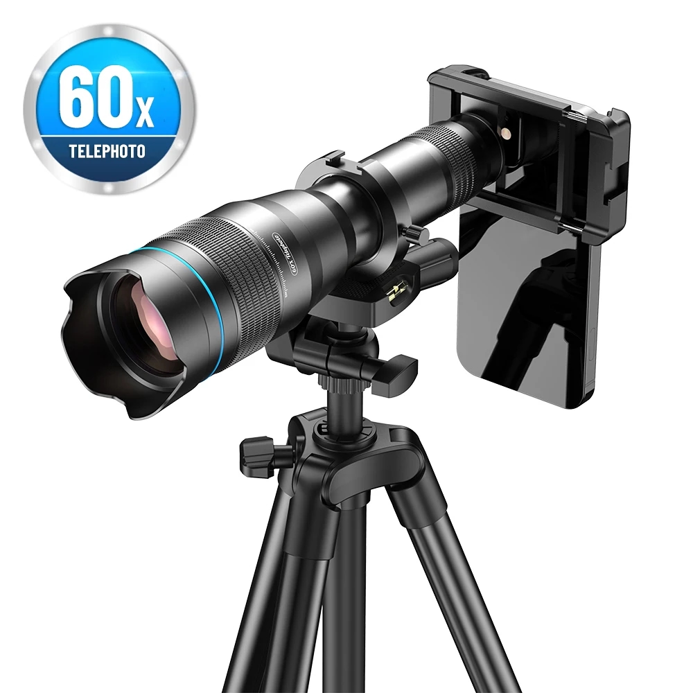 APEXEL 60X telescopic lens with mounted tripod for smartphones
