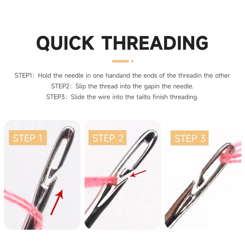 Detailed view of hand sewing needles with wide eyes