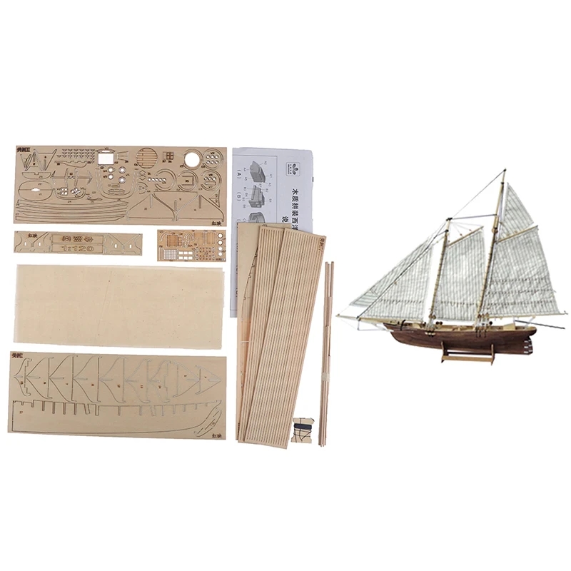 Many small wooden parts from which the sailing ship is assembled