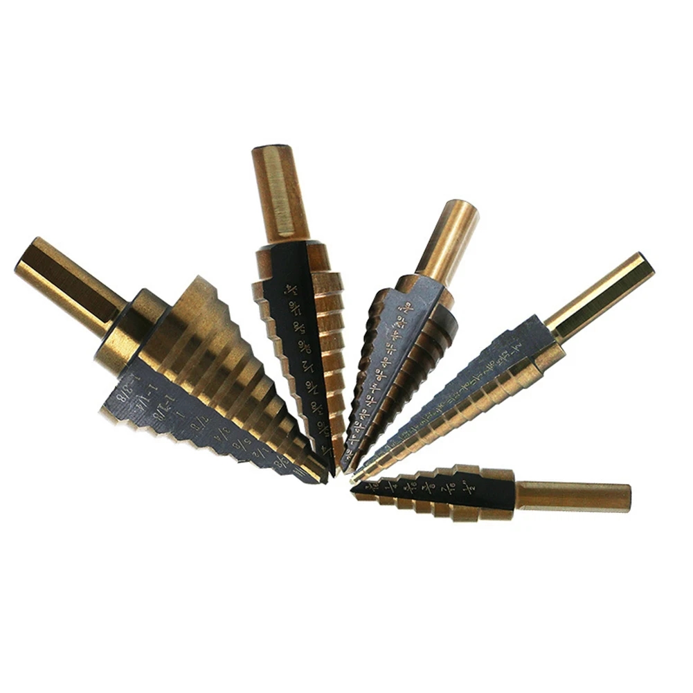 Detailed view of the titanium coating and split point sharpening of the stepped drills