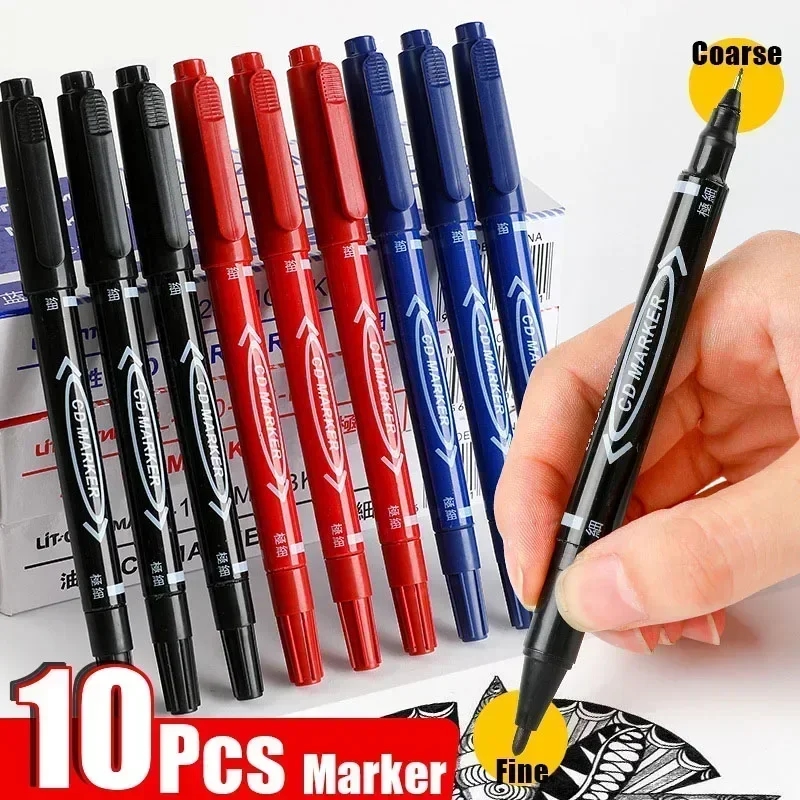 Set of 10 double-sided permanent markers for writing and drawing on various surfaces