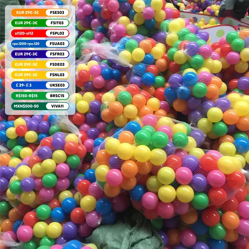 Plastic balls of various sizes, from small to large, in bright colors