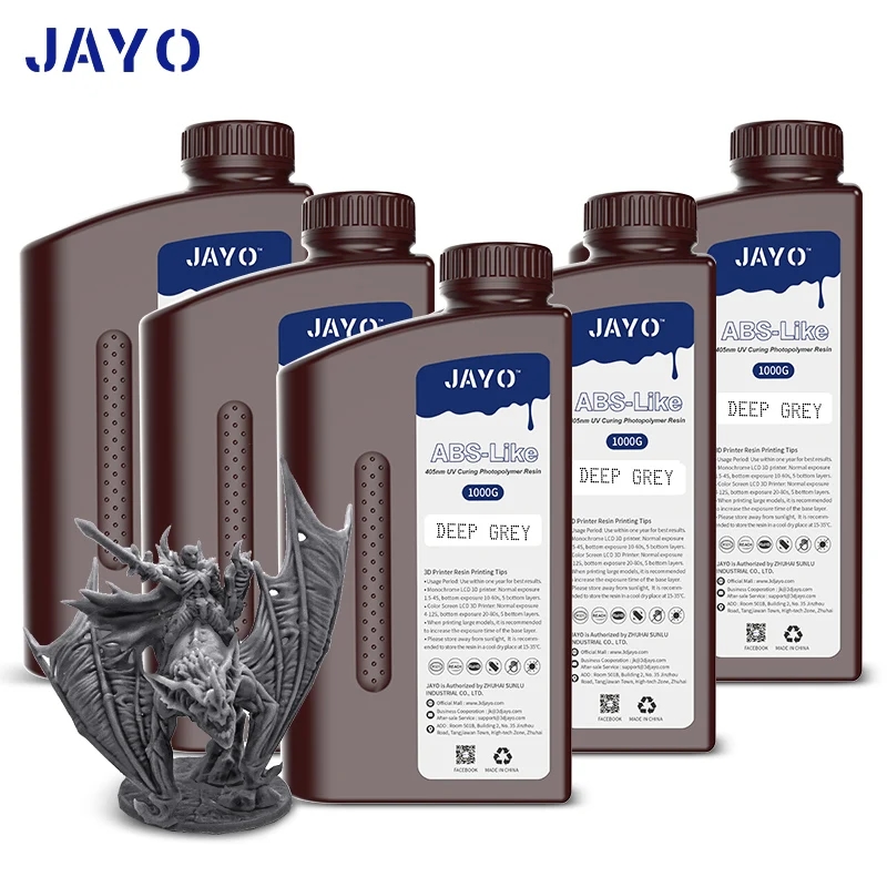 Jars with JAYO photopolymer resin in various colors - white, gray, black and transparent