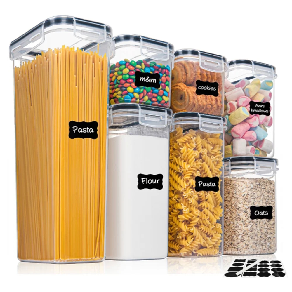 Airtight storage containers with stickers, perfect for the kitchen