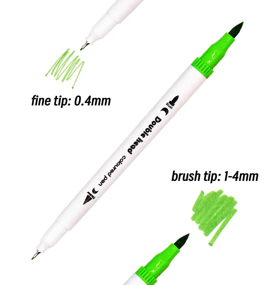A close-up shows the double-sided tips of the markers