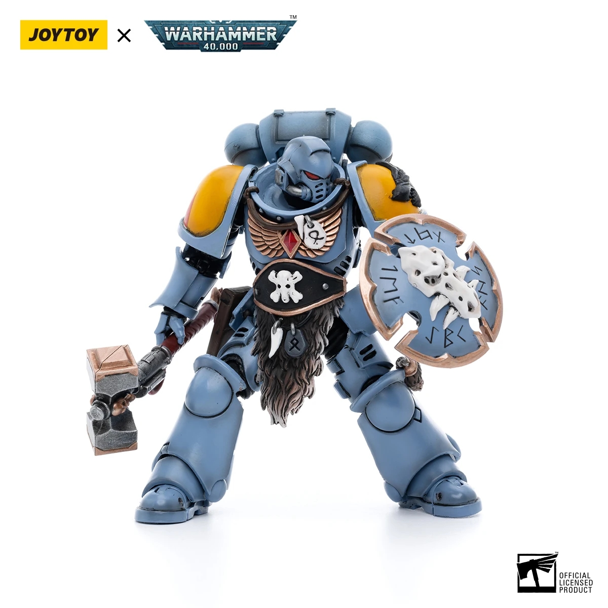Close-up of the space wolves emblem on the figure's armor