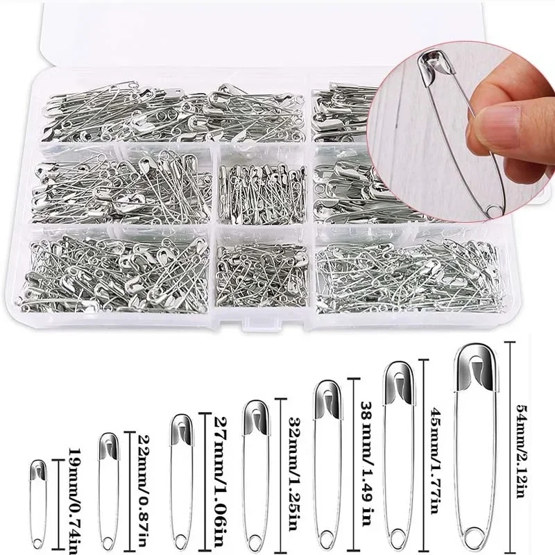 Set of multi-size metal safety pins for crafts and sewing