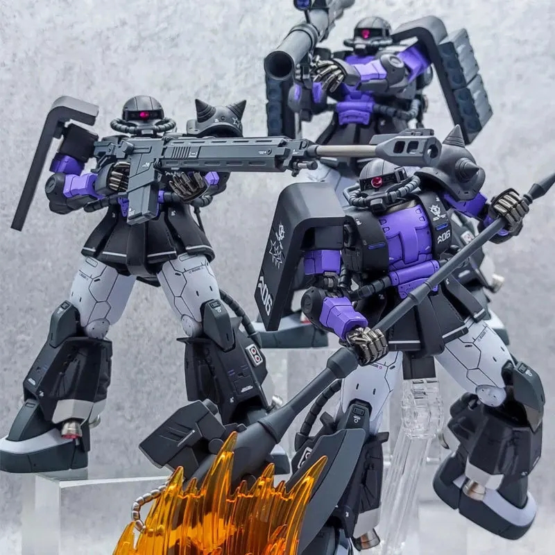 Detailed view of the assembled model ZAKU Black Tri-Stars HG 1/144 with a halberd