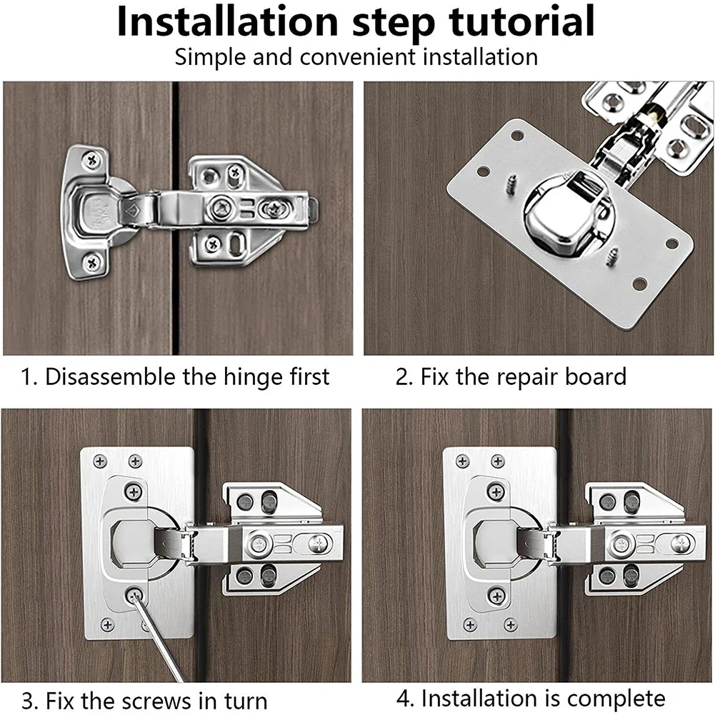 Mounting plates, screws, and instructions included in the set for repairing door hinges