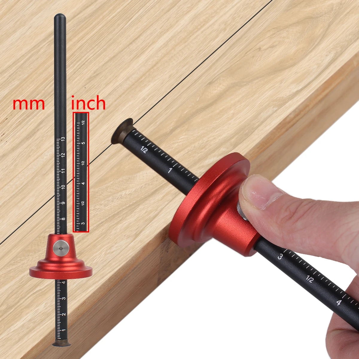 Close-up of the multifunctional marking tool, showing the metal elements of the construction and the dual measurement scale