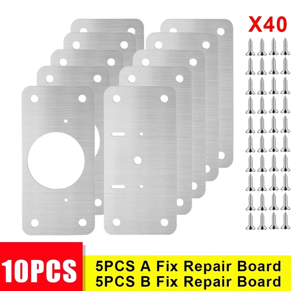 Set of stainless steel mounting plates for restoring and reinforcing door and cabinet hinges