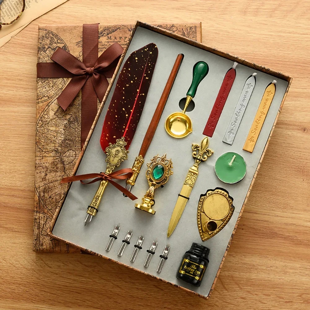 The set includes a pen, stamps, and beautiful packaging, a perfect gift for creative people