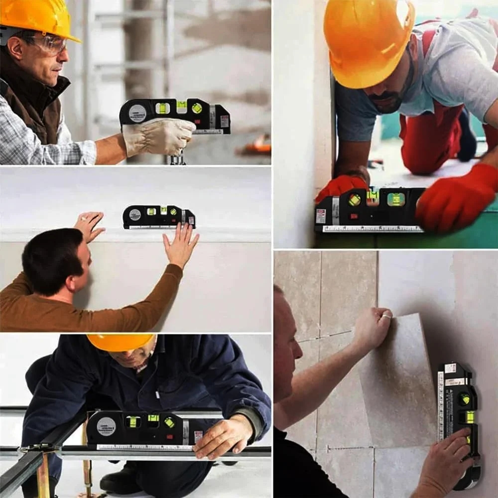 Detailed view of the laser level with measuring tape and control buttons