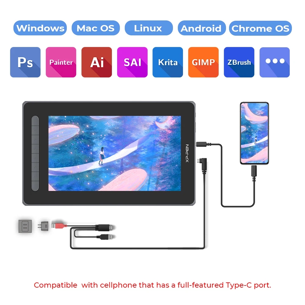 Photographie du processus de connexion de la tablette XPen Artist 12 de 2ème génération à un PC avec des câbles