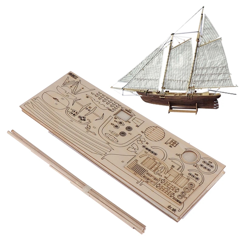 A person assembling a wooden sailing ship puzzle consisting of many small parts