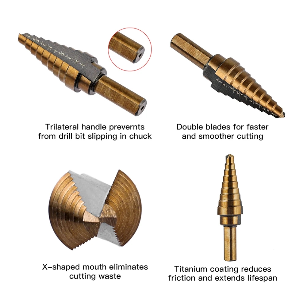 Stepped drills neatly arranged in a sturdy plastic case