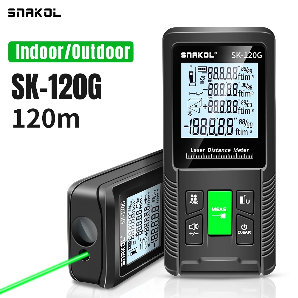 Green laser beam of the rangefinder measuring the height of a wall