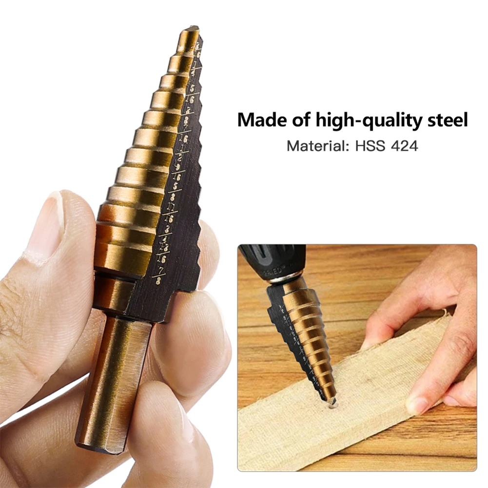 Detailed view of the size markings on the body of the stepped drills