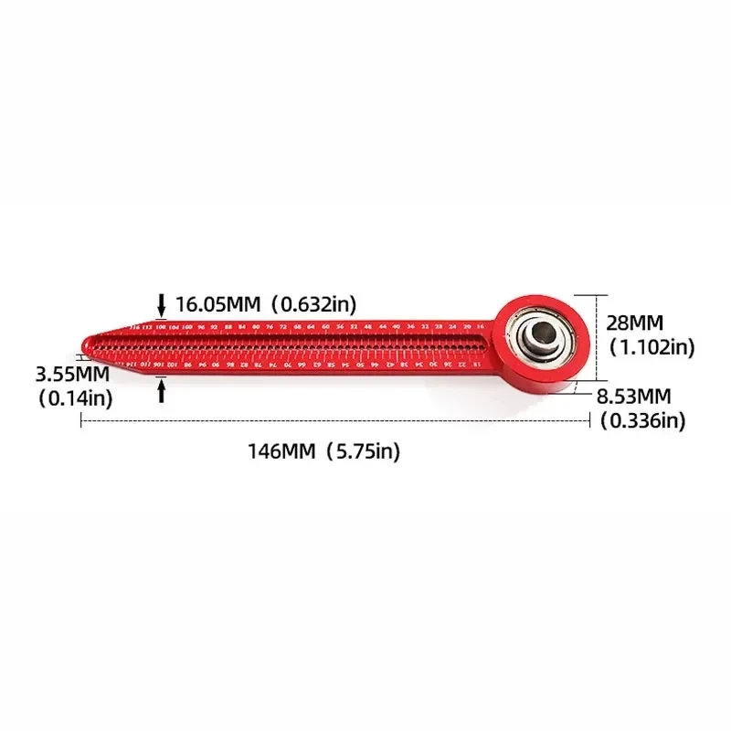 Detailed view of the tool's leg with a millimeter scale for precise measurements