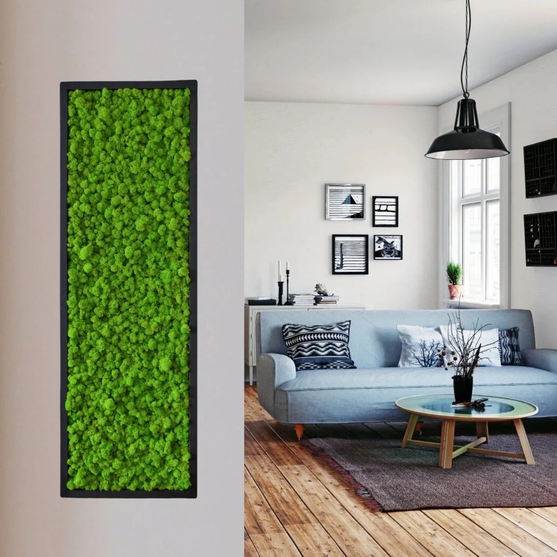 Decorative artificial moss in bright green for landscaping and flowerbeds