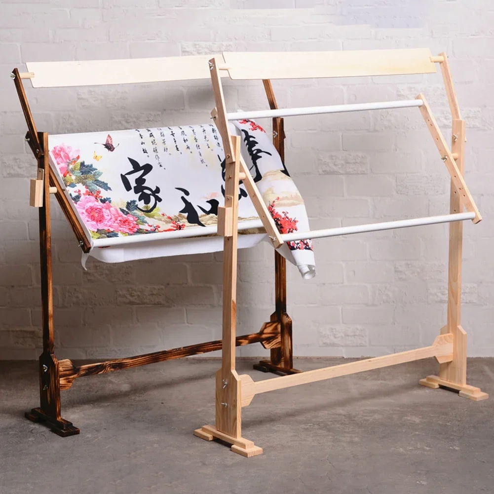 Adjustable wooden frame for cross-stitch embroidery, installed on the floor