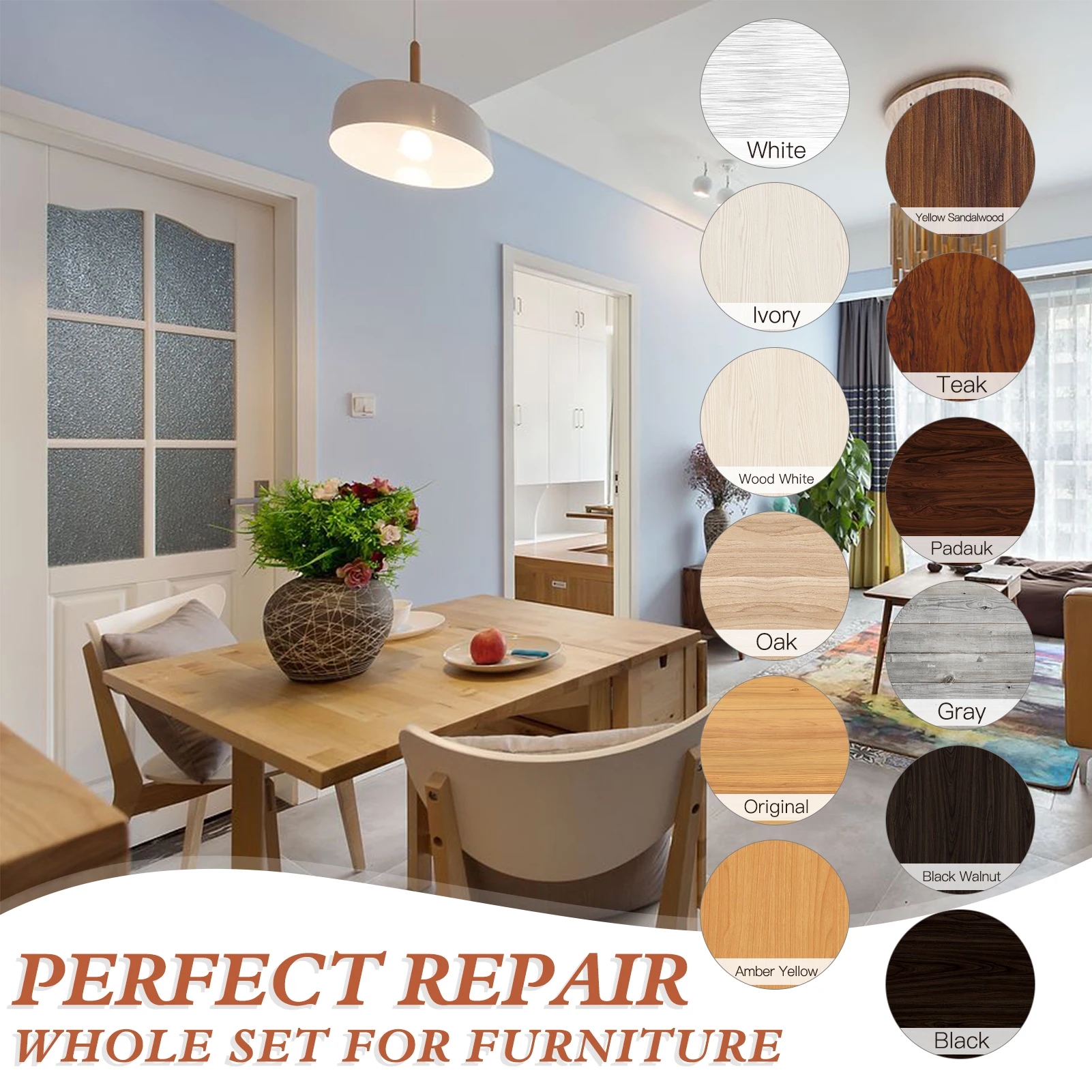 Tous les produits et outils nécessaires dans un seul ensemble pour la restauration de surfaces en bois