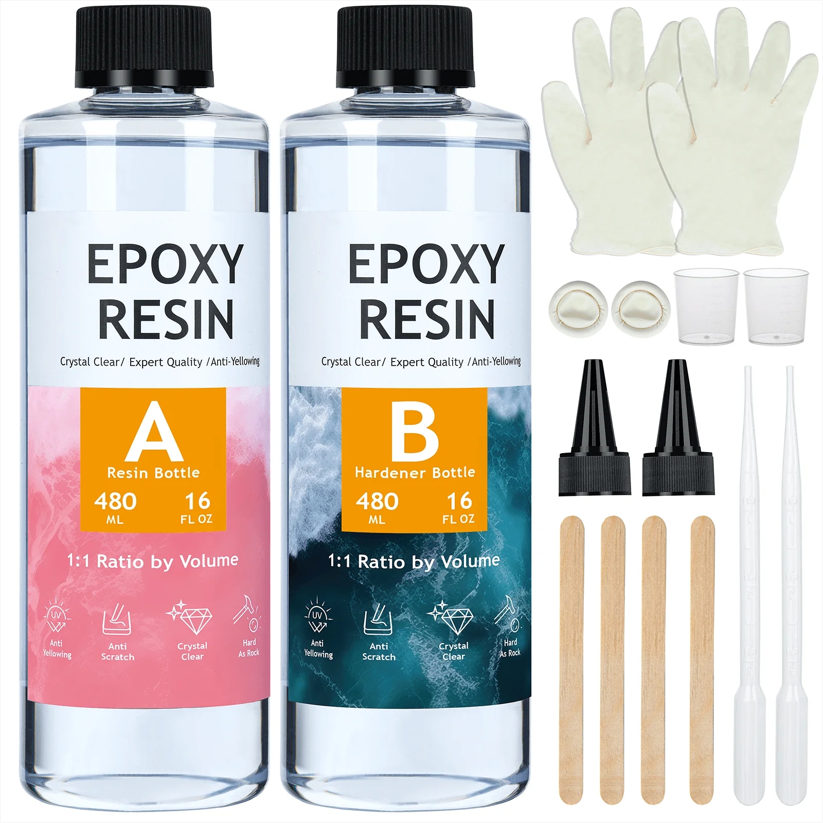 Two glass containers with epoxy glue lying on a wooden surface