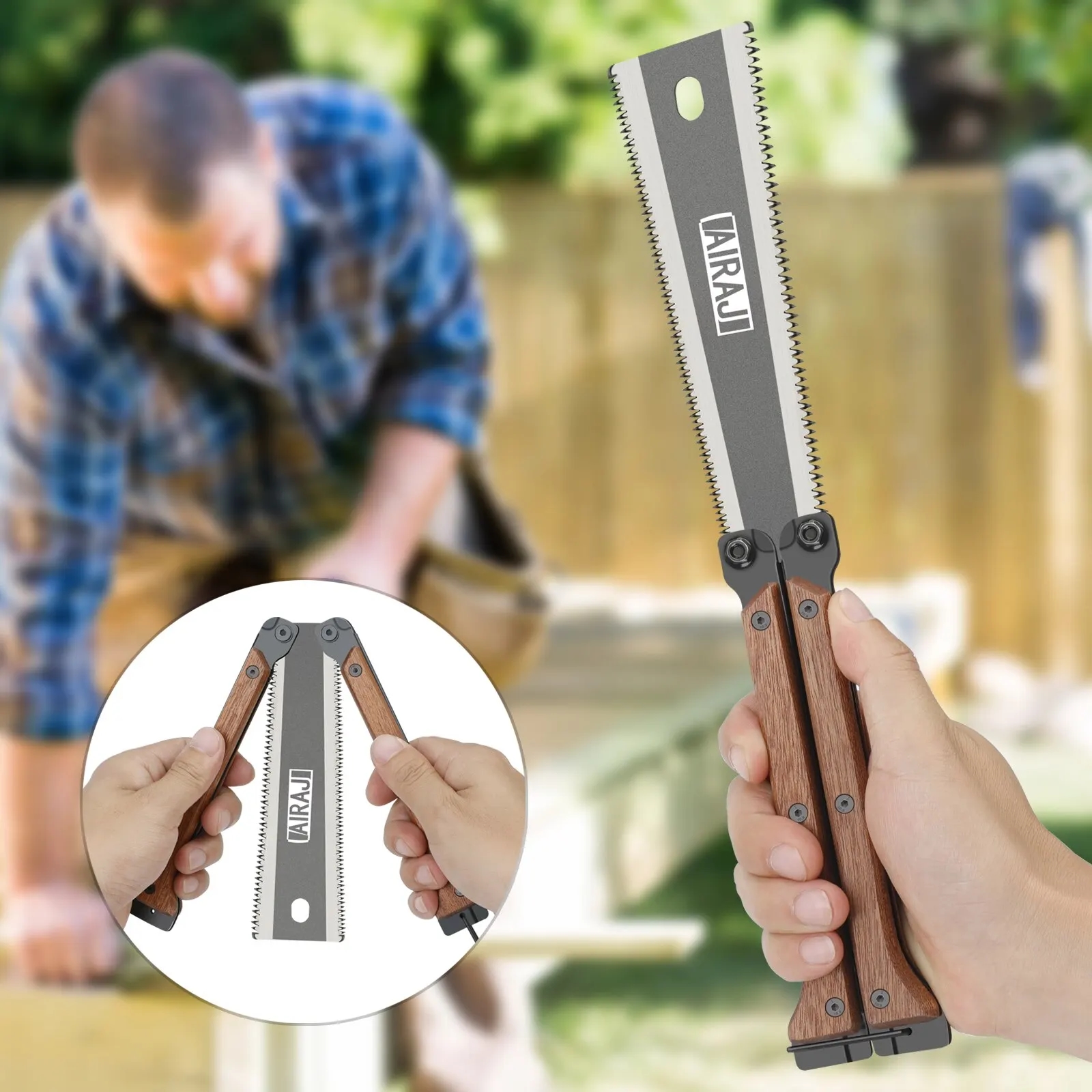 Ergonomic wooden handle of the AIRAJ folding saw