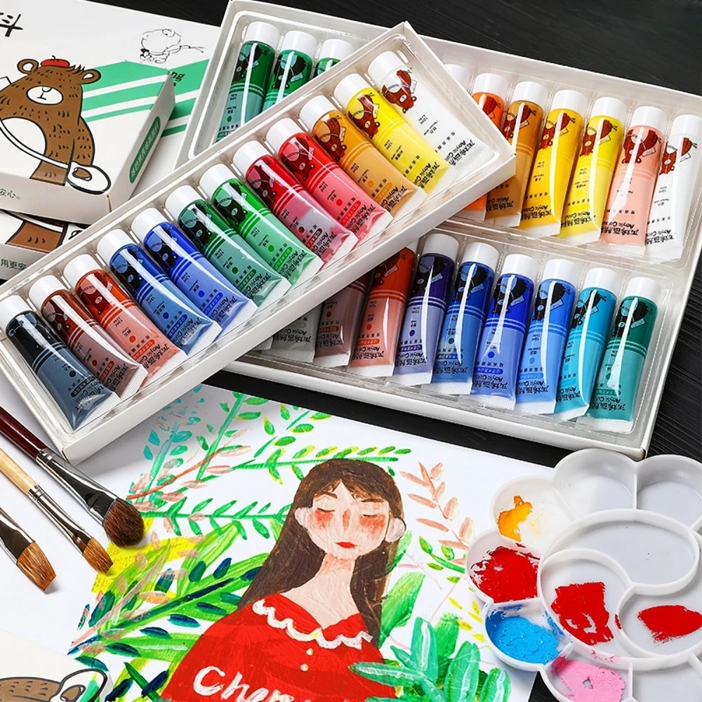 Caja con pinturas acrílicas de colores para pintar