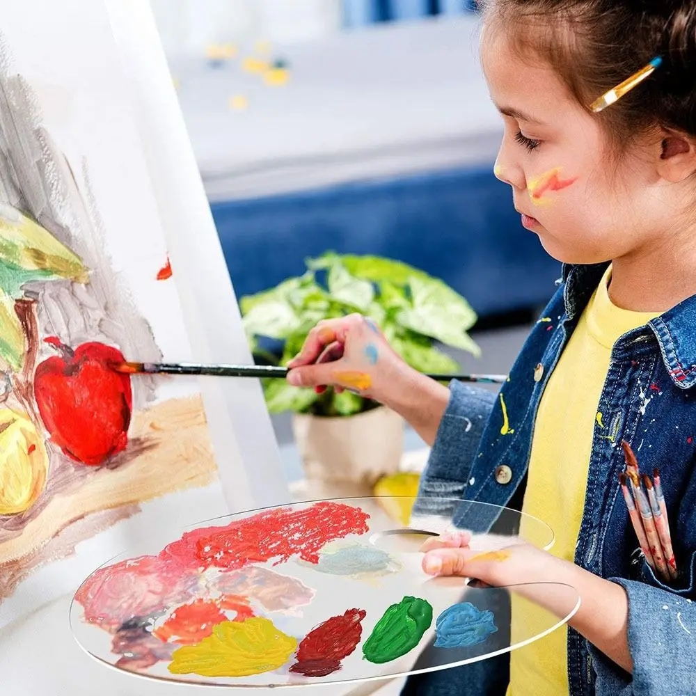 Detailed view of an acrylic palette with paints