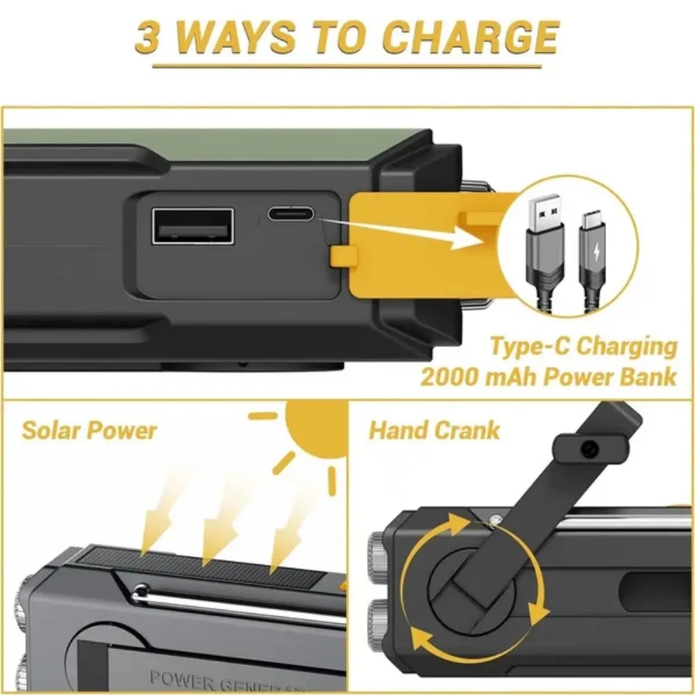 Efficient radio with solar charging capability, weighing just 2000mAh
