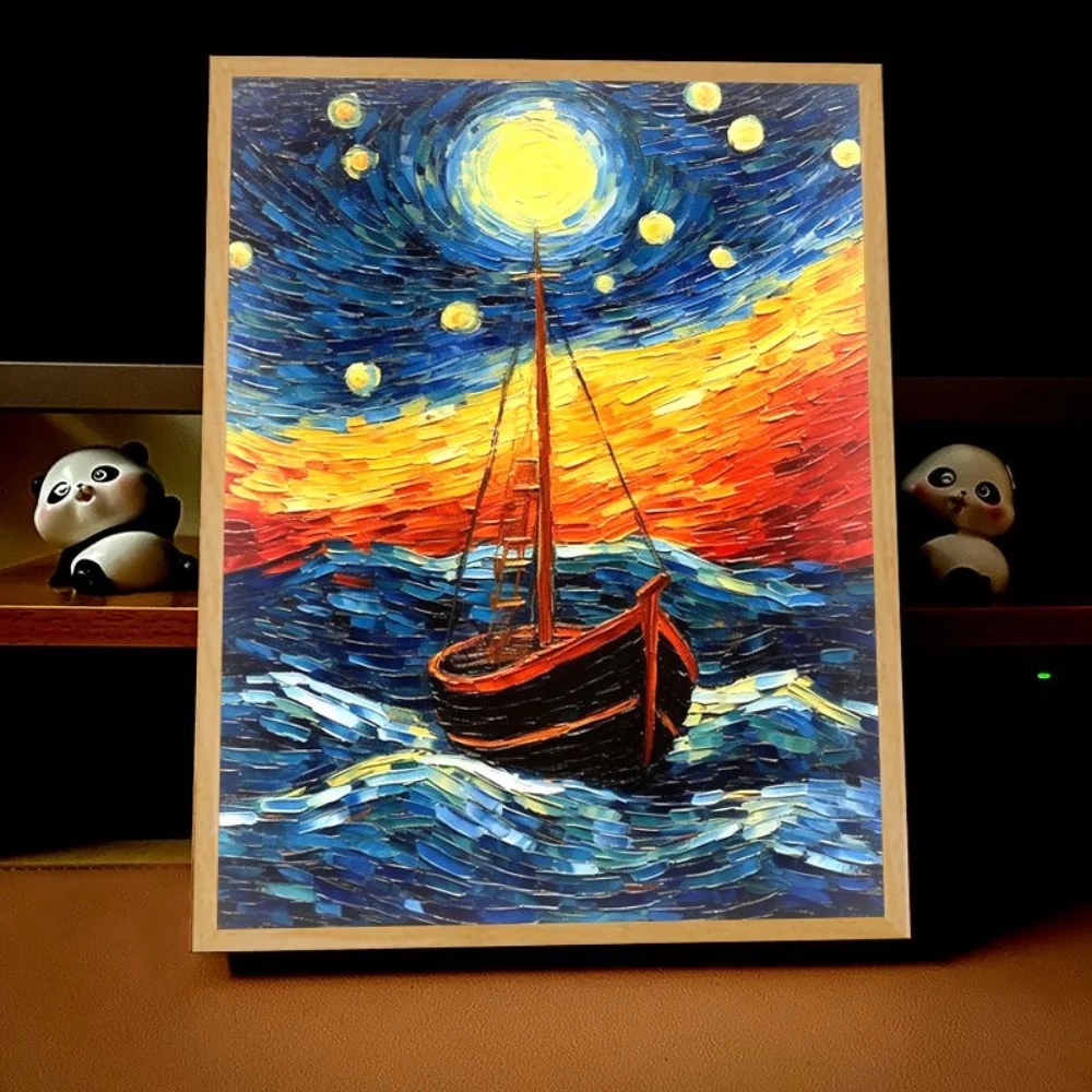 Close-up of a Van Gogh lamp with a switch and different color lighting options