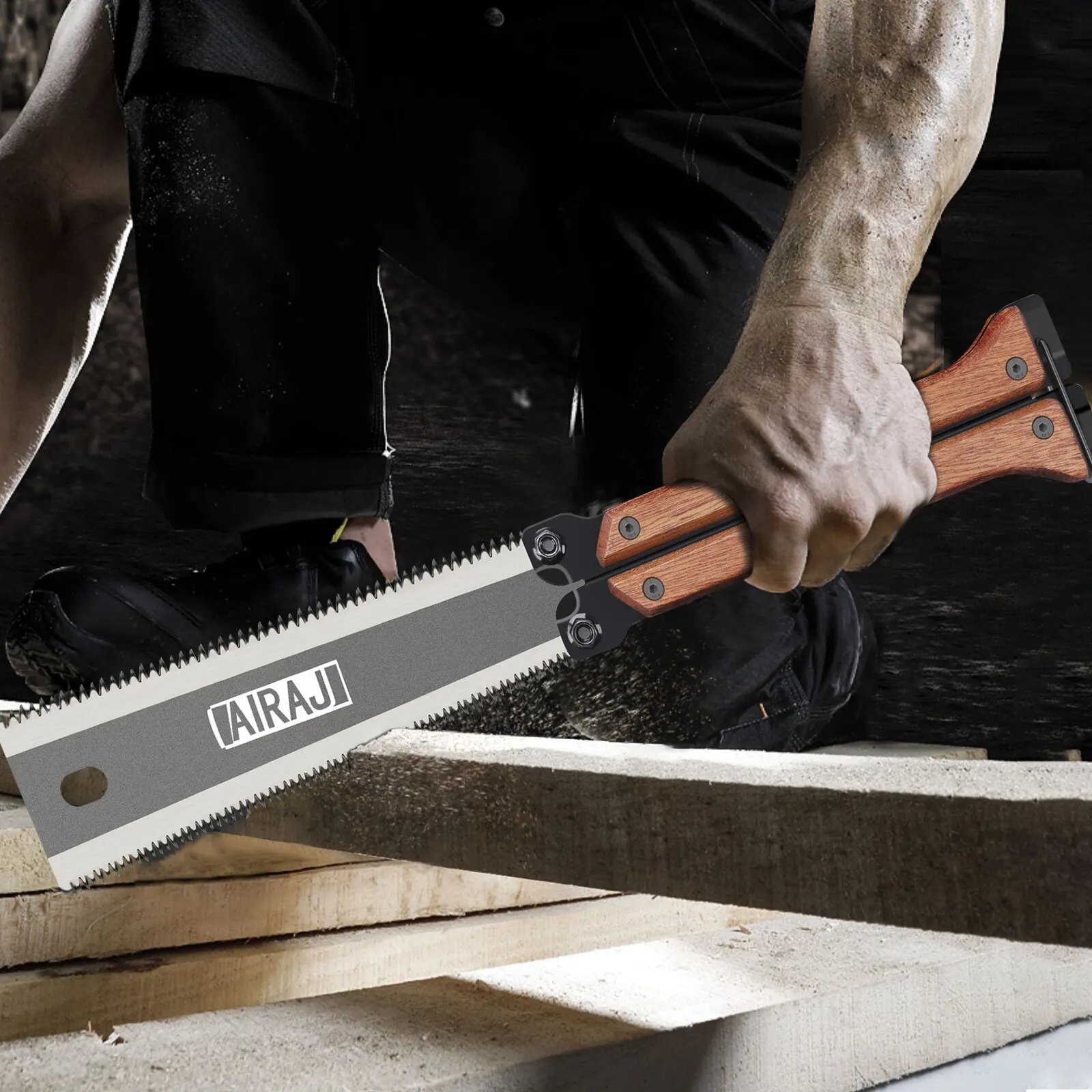 User using the AIRAJ SK5 saw to cut a branch