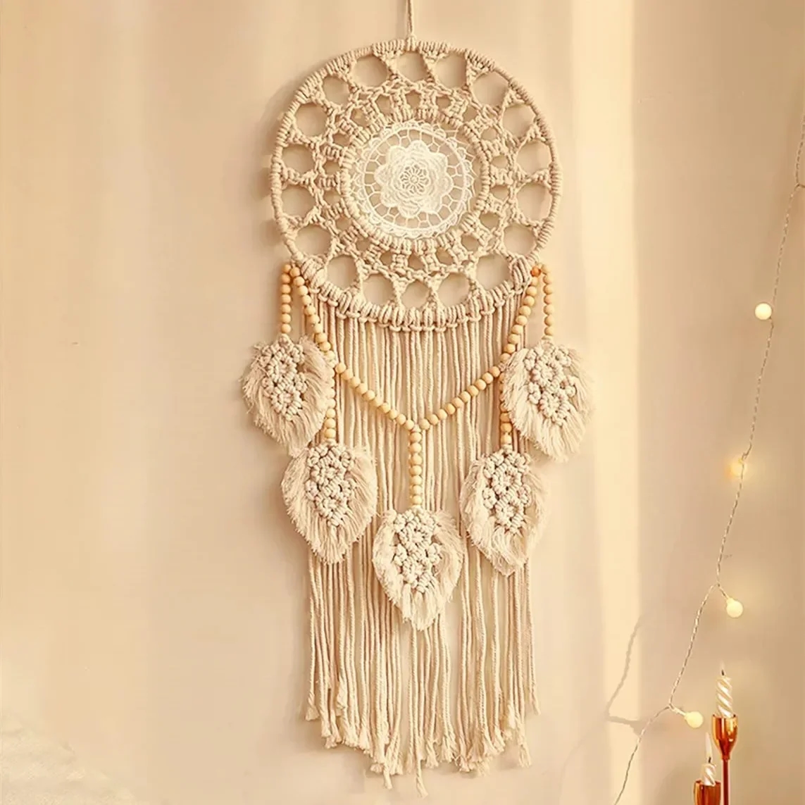 Beautiful macrame dream catcher in beige color, perfectly fitting into any decor
